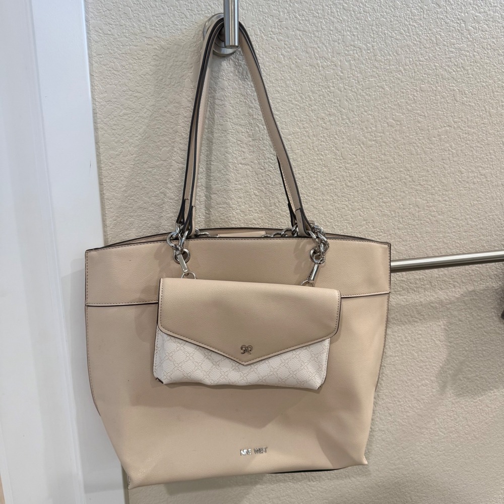 Nine West Beige Faux Leather Tote Bag with Detachable Chain Pouch 2-in-1 Set